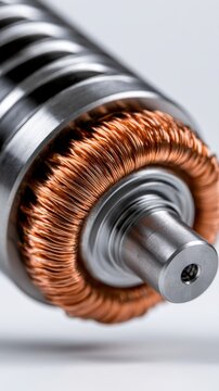 Detailed view of a metallic rotor with tightly coiled copper wire windings used in electric motors and industrial machinery applications