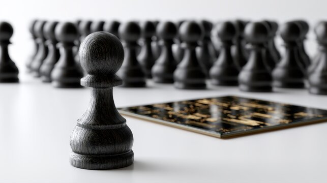 Single wooden chess pawn standing confidently in front of a blurred row of pawns near an elegant decorative chessboard on a white surface