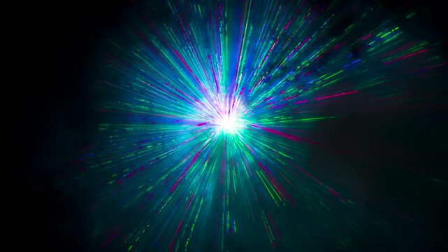 Smoke Clouds Reveal Laser Streams. A stream of smoke bursts into the frame and makes a multitude of multi-colored laser beams appear, sparkling against a black background