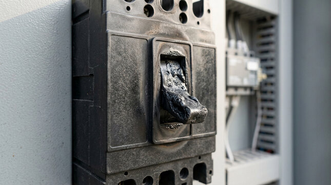 Melted plastic toggle switch on industrial circuit breaker