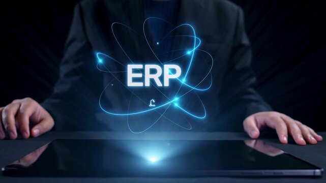 ERP platform visual showing centralized system for enterprise resource planning, improving integration, data flow, business efficiency, finance, inventory, and human resources. Elide
