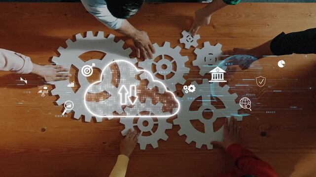 A dynamic and innovative workspace showcasing teamwork and collaboration, featuring cloud computing and digital tools that enhance modern business strategies and processes. Raster