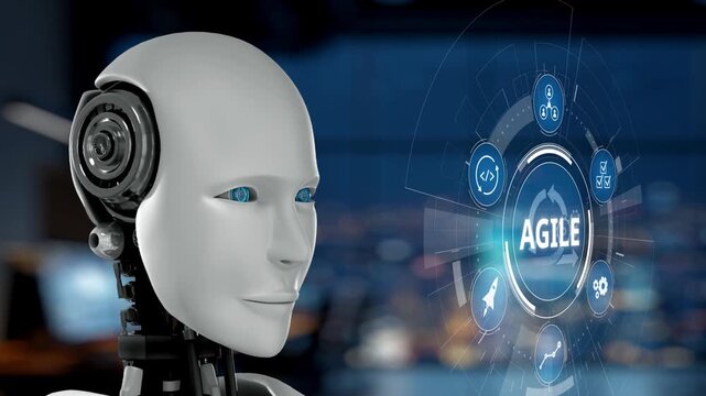 A futuristic robot with blue eyes interacts with a digital interface showcasing the agile concept, set in a modern office environment, emphasizing innovation in technology. Synapse
