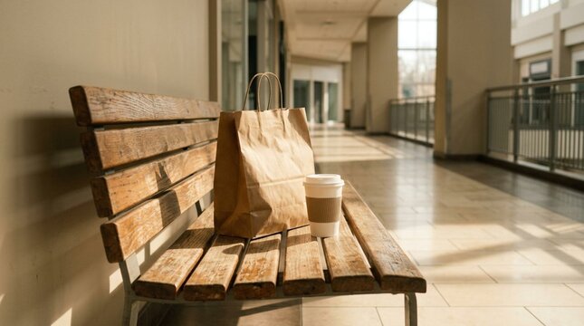 Brown paper shopping bag and white takeaway coffee cup resting on rustic wooden mall bench bathed in warm afternoon sunlight, empty corridor, urban shopping lifestyle