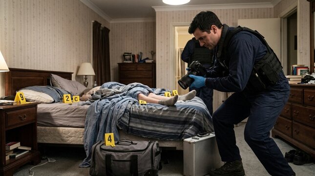 Forensic investigator photographing evidence markers and body at bedroom crime scene during criminal investigation, yellow numbered tags, professional documentation process