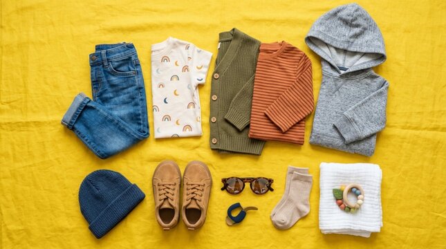 Flat lay of stylish toddler boy clothing set on bright yellow background featuring jeans, shirts, hoodie, boots, sunglasses, beanie, socks, and rattle toy