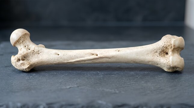 Detailed anatomical photograph of a single cleaned human femur bone resting horizontally on a slate gray slate surface, side view, scientific study specimen, close-up bone structure