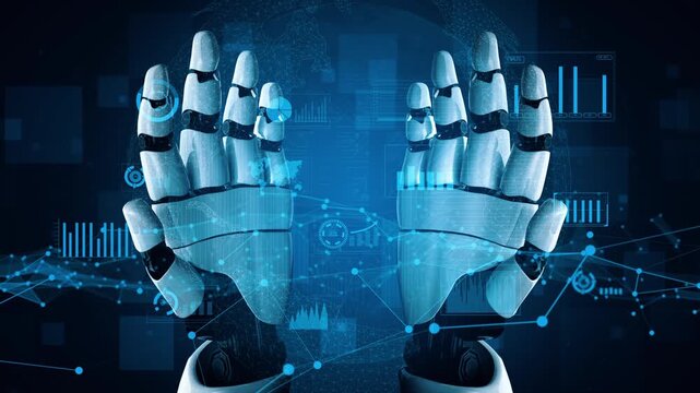 This captivating image features futuristic robot hands emerging with blue digital elements and data visualizations, embodying the essence of technology and innovation. Xenic