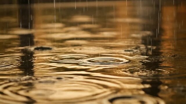 Rain Drops Falling on Golden Water Surface, Creating Ripples and Reflections