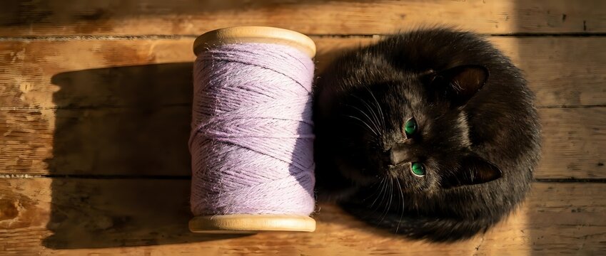 Black fluffy cat playing with purple yarn spool on wooden floor
