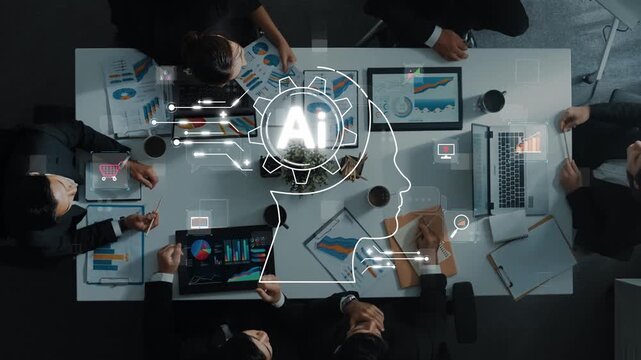A focused business meeting in a modern office environment showcasing AI technology integration, data visualization, and collaborative strategies for innovative growth. Raster