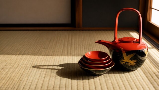 畳の上に置いた屠蘇器と三つの盃