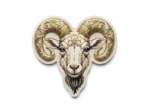Ornate ram head with curved horns and decorative scrollwork details