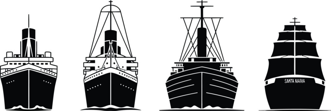 Set of four different black silhouette ship icons isolated on white background for marine design projects
