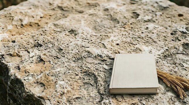 Blank notebook resting on textured stone surface with natural