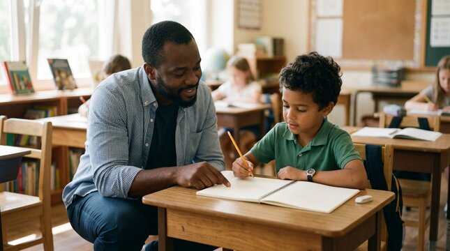 Black male teacher kneeling beside young schoolboy at wooden school desk, guiding boy with pencil over open blank notebook in sunny classroom with other students working