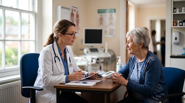 Compassionate female physician in white coat consulting elderly female patient at clinic desk, natural light streaming through window, medical office interior with anatomical posters and equipment