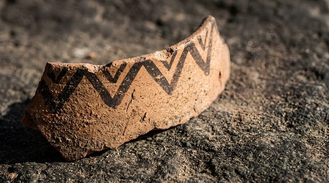 Close-up of curved terracotta pottery fragment with dark painted chevron pattern along rim, resting on rough stone surface