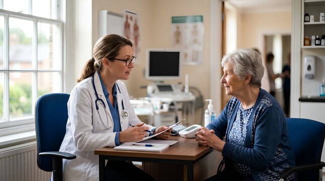 Young female doctor in white coat consulting with elderly female patient during clinic visit, taking notes at desk with computer and anatomy poster in bright medical office