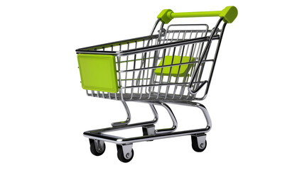 Shiny chrome shopping cart with green accents, isolated on transparent background © Ibrian