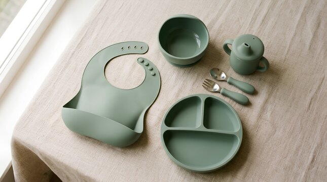 Sage green baby tableware flat lay featuring silicone bib, divided plate, bowl, sippy cup, fork, and spoon arranged on a neutral beige linen surface with soft natural light and minimalist style