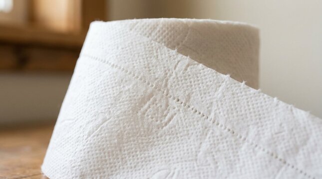 Close-up photograph of a roll of soft white bathroom tissue paper with fine dotted perforation line running diagonally across the textured surface, warm natural lighting, clean and hygienic home