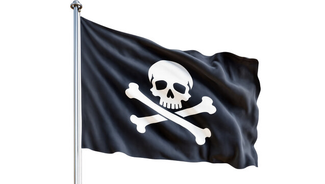 Black pirate flag with skull and crossbones, isolated on transparent background
