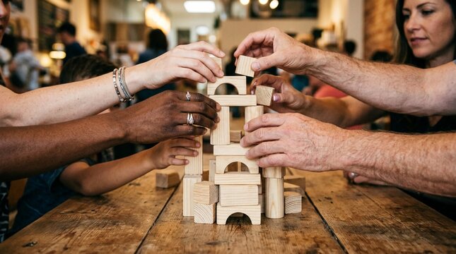 Diverse hands stacking wooden blocks together on a rustic table, teamwork, collaboration, warm overhead lighting, shallow depth of field, unity concept
