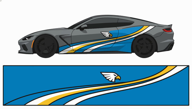 Custom vehicle decal design with eagle graphic and abstract blue wave pattern.