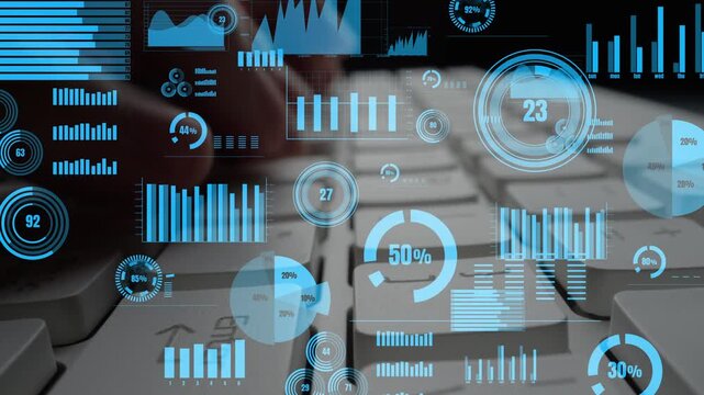 Engaging visual that showcases modern data analysis with digital graphs and charts overlaying a computer keyboard, representing technology and business dynamics. Xenic