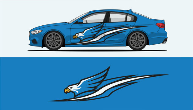 Eagle head graphic vinyl decal design for blue sports car side body.