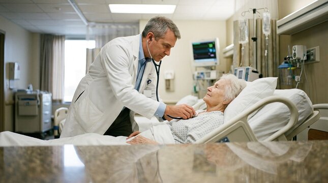 Compassionate middle-aged doctor in white coat gently examines elderly female patient reclining in modern hospital bed, medical professional conducting bedside checkup in clinical room