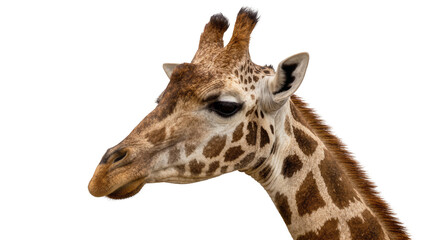 Detailed giraffe head with brown spots, isolated on transparent background © Panciuc