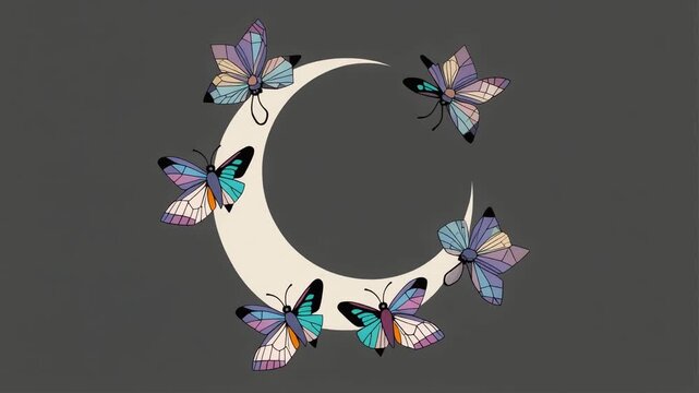 Magical Crescent Moon Surrounded by Geometric Butterflies, Dreamy Night Sky Illustration