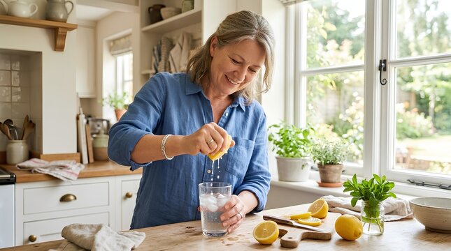 Smiling middle-aged woman squeezing fresh lemon juice into glass of water in bright home kitchen, citrus halves and herbs on counter