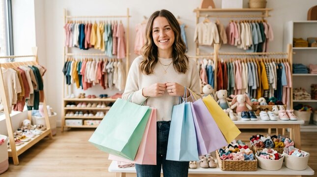 Smiling young woman in a bright modern children's clothing boutique, holding pastel paper shopping bags surrounded by racks of baby apparel, shoes, and stuffed toys