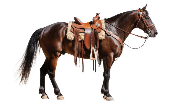 Dark brown horse with western saddle, isolated on transparent background