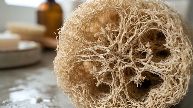 Loofah sponge with natural fibrous texture and hollow chambers, spa