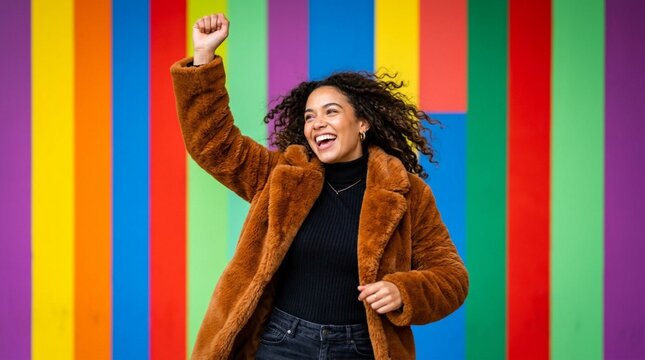 Joyful African American woman in cozy brown faux fur coat raising fist in celebration against vibrant multicolor striped backdrop, expressing happiness and triumph in bold colorful lifestyle portrait