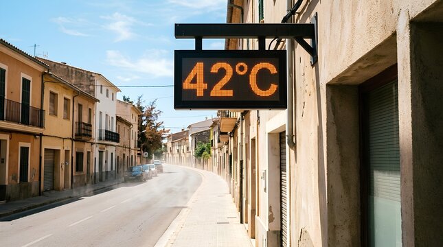 Empty sunbaked street with digital pharmacy sign showing extreme 42 degrees Celsius summer heat, Mediterranean town architecture, bright blue sky