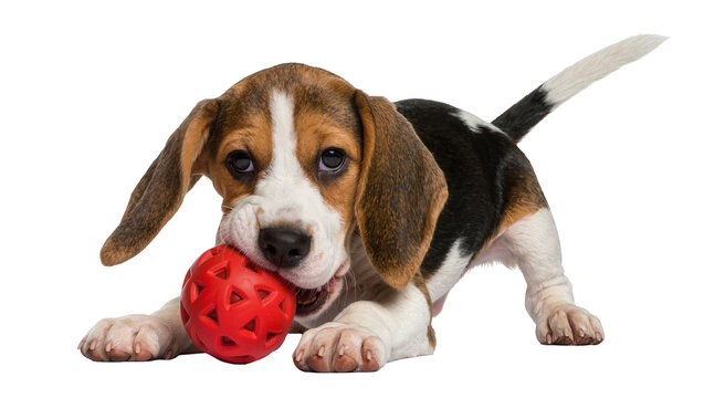 Tri-color beagle puppy chewing a red textured ball, isolated on transparent background