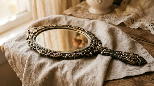 Ornate vintage hand mirror with blackened metal frame and intricate gold filigree scrollwork, resting on soft draped linen cloth near sunlit window, antique vanity still life with warm nostalgic