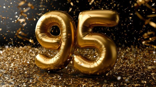Shiny gold balloons forming number ninety-five with sparkling glitter and confetti celebrating a festive milestone or anniversary event