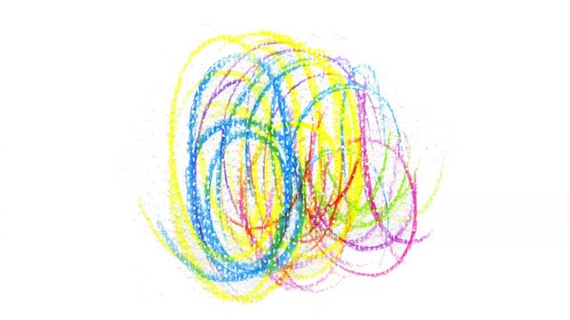 A blend of light pastel pencil scribbles creates swirling multicolored lines with layered textures and soft motion trails.