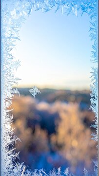 Premium vertical winter window frost background with massive central copy space and minimal ice crystals