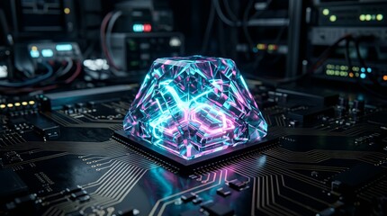 Fototapeta premium Futuristic faceted crystal processor glowing with internal cyan and magenta neon light on dark circuit board in high-tech environment