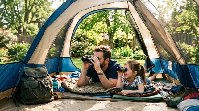 Father and young daughter lying inside backyard camping tent exploring nature with binoculars on sunny day, backpack beside them during outdoor adventure bonding moment