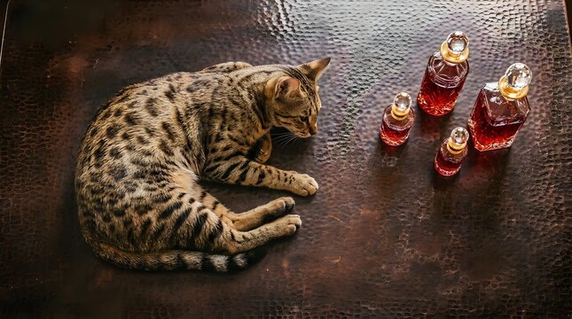 Spotted tabby cat curled up on leather surface next to small bottles