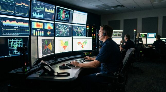 Male operator wearing headset monitors wall of glowing digital displays showing colorful data charts, heat maps, and graphs inside dimly lit emergency control command center workstation