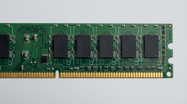 Close-up macro photograph of a green desktop computer RAM memory module circuit board with black DRAM chips and gold contact pins isolated on a white background